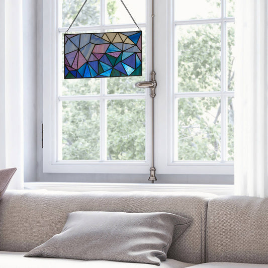 Geometric Abstract Blue Stained Glass Window Panel - 14-in - Mellow Monkey