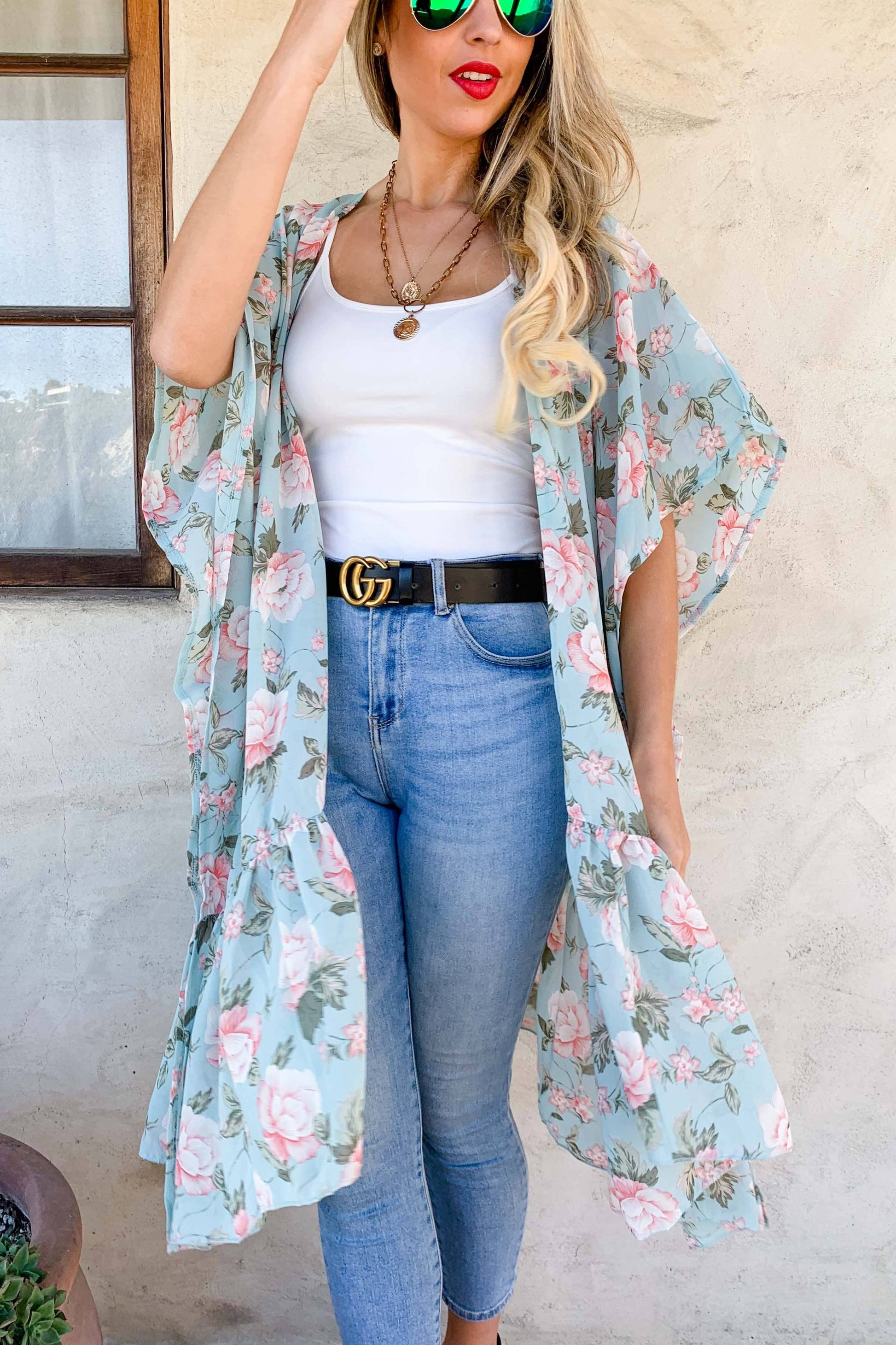 Mint Floral Printed Ruffle Bottom Chiffon Kimono Cover Up - Mellow Monkey