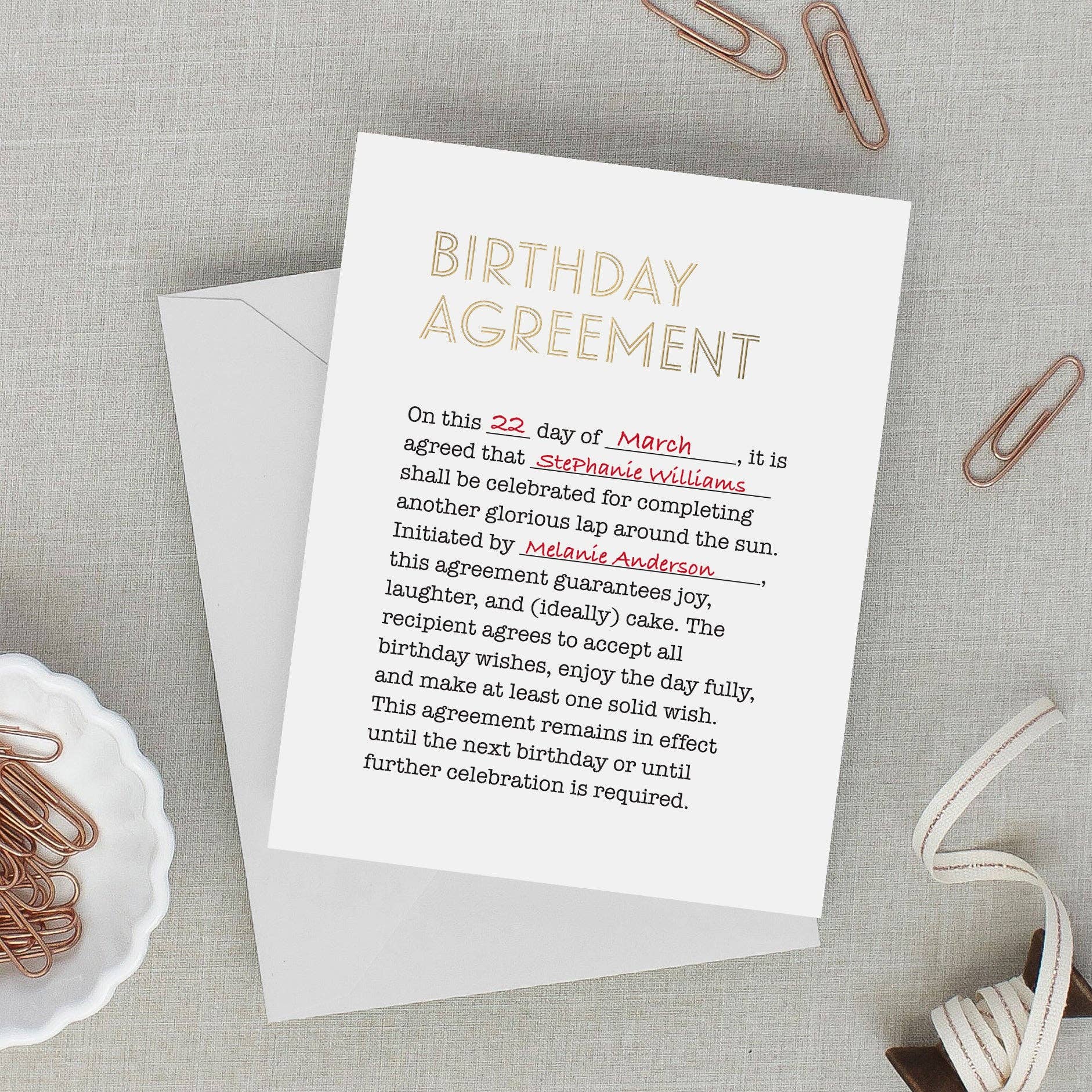 Birthday Agreement - Foil Pressed Birthday Card - Mellow Monkey