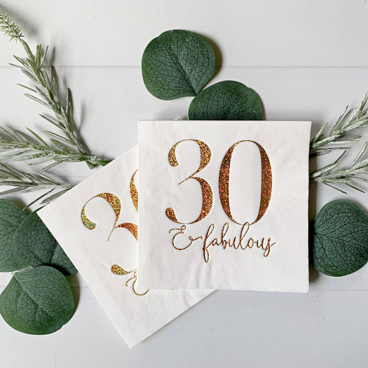 30 and Fabulous Cocktail Napkins - Gold Glitter on White - Pack of 16 - Mellow Monkey
