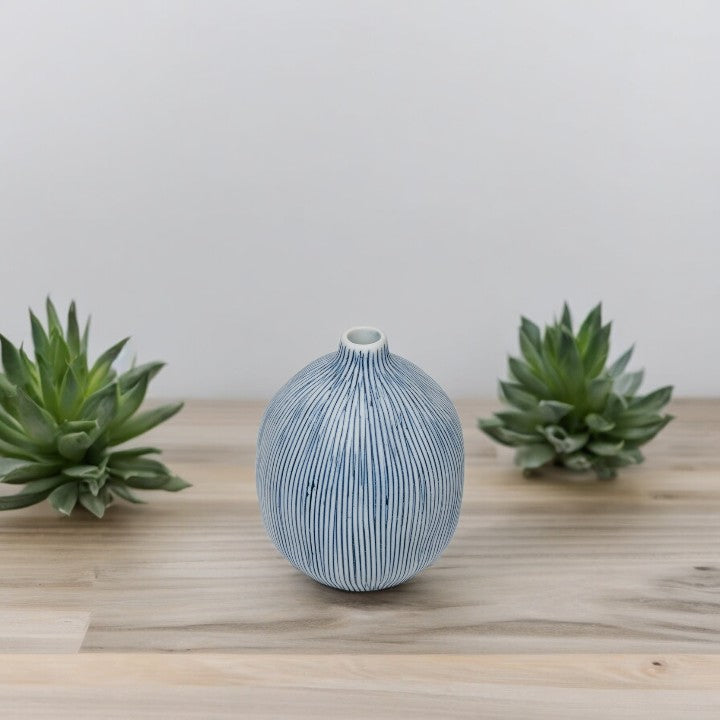 Gugu Porcelain Bud Vase - White with Blue Stripes - 2.5"W x 3"H - Mellow Monkey