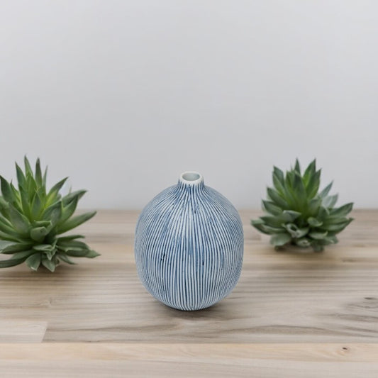 Gugu Porcelain Bud Vase - White with Blue Stripes - 2.5"W x 3"H