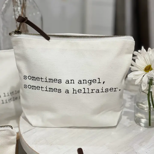 'sometimes an angel, sometimes a hellraiser' Cotton Zippered Makeup Pouch Cosmetic Bag - 9-in - Mellow Monkey
