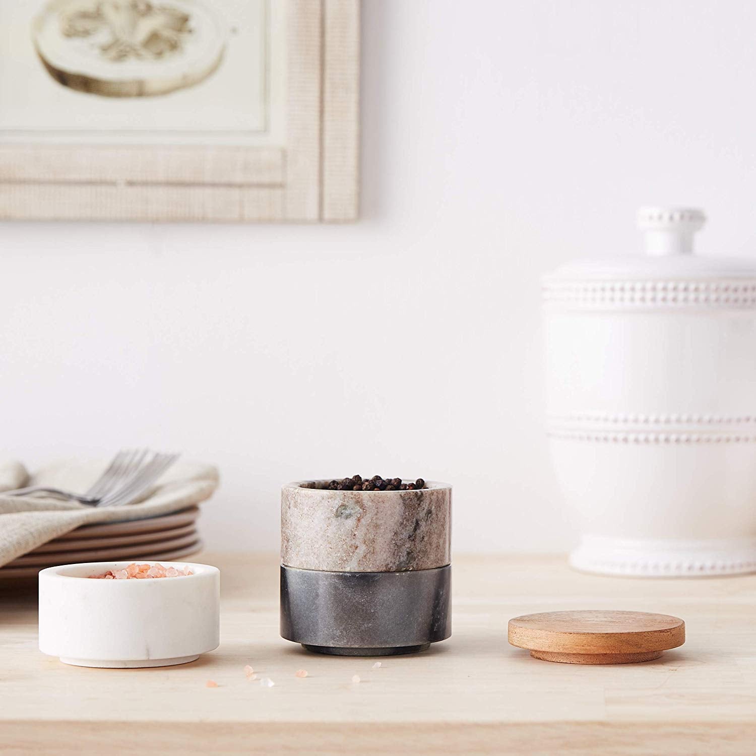 Marble Stacking Pinch Pots With Acacia Wood Lid - Grey White Charcoal - Mellow Monkey