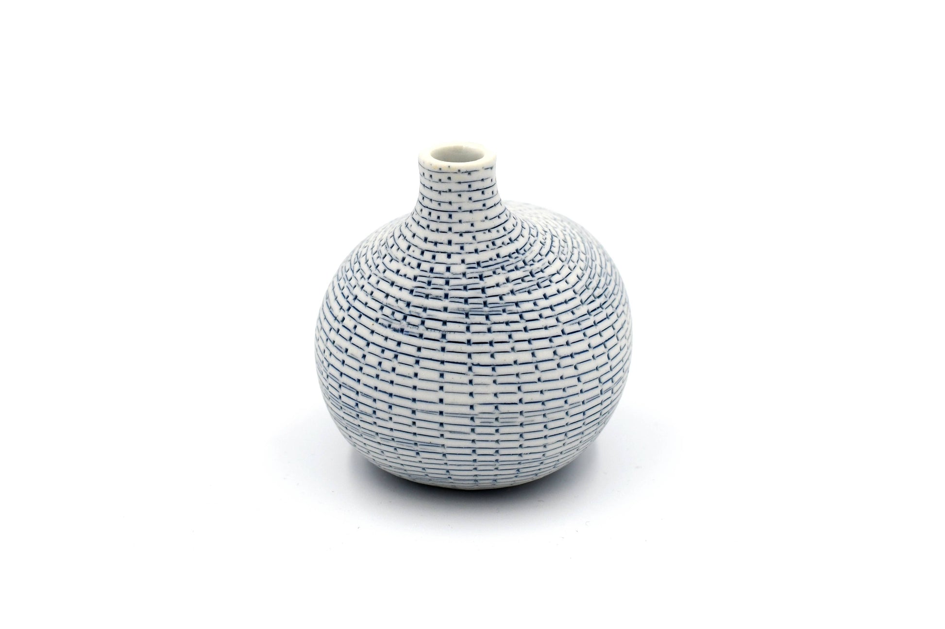 Mini Omo - Handcrafted Porcelain Bud Vase -White with Blue Grid Pattern - 2.7 x 2 x 2.8 in - Mellow Monkey