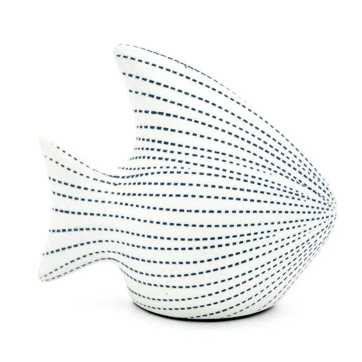 White with Blue Striped Porcelain Angel Fish - 4"W x 3-1/2"H - Mellow Monkey