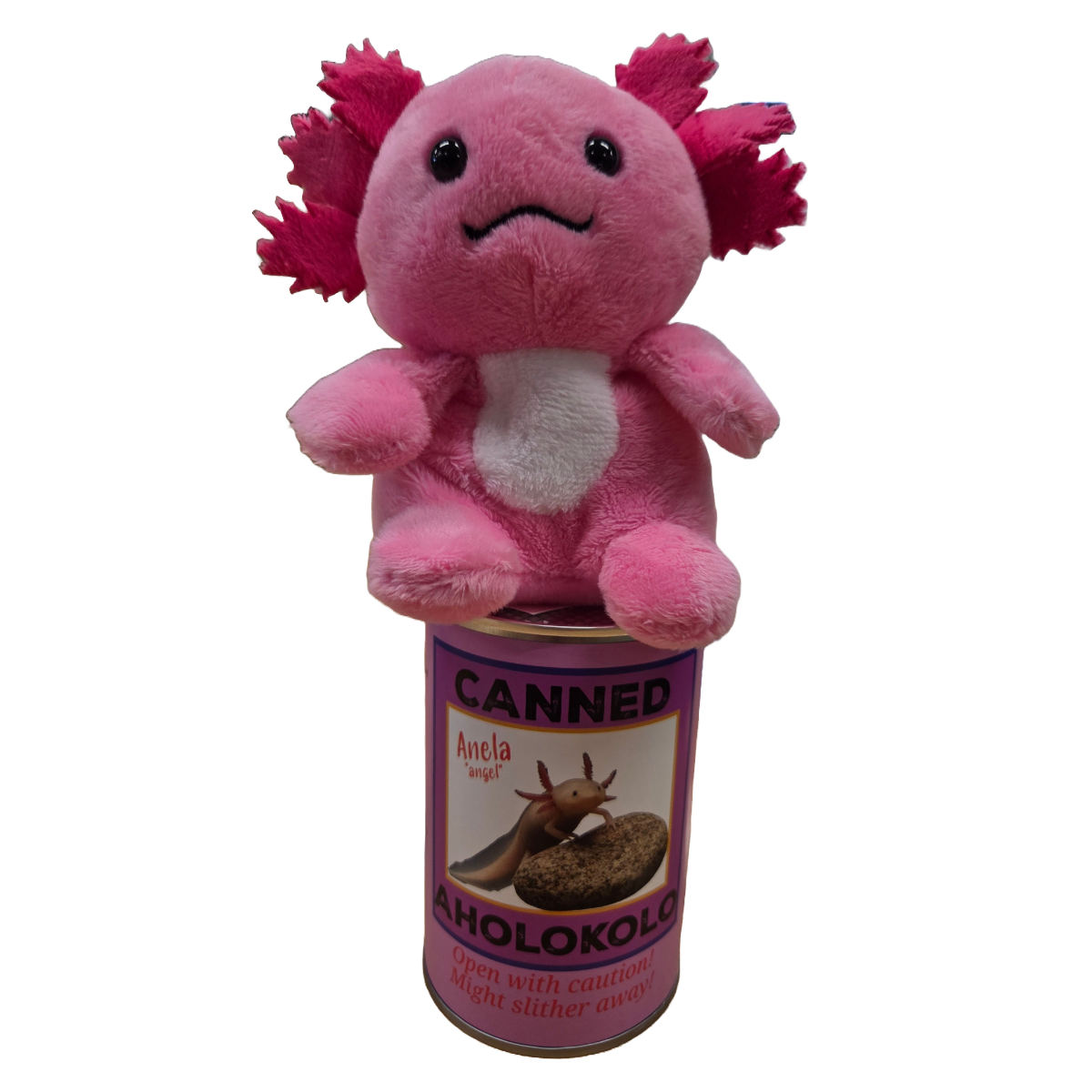 Hawaiian Canned Aholokolo- Pink Axolotl Plush With Jokes And Pop Top Lid - Mellow Monkey
