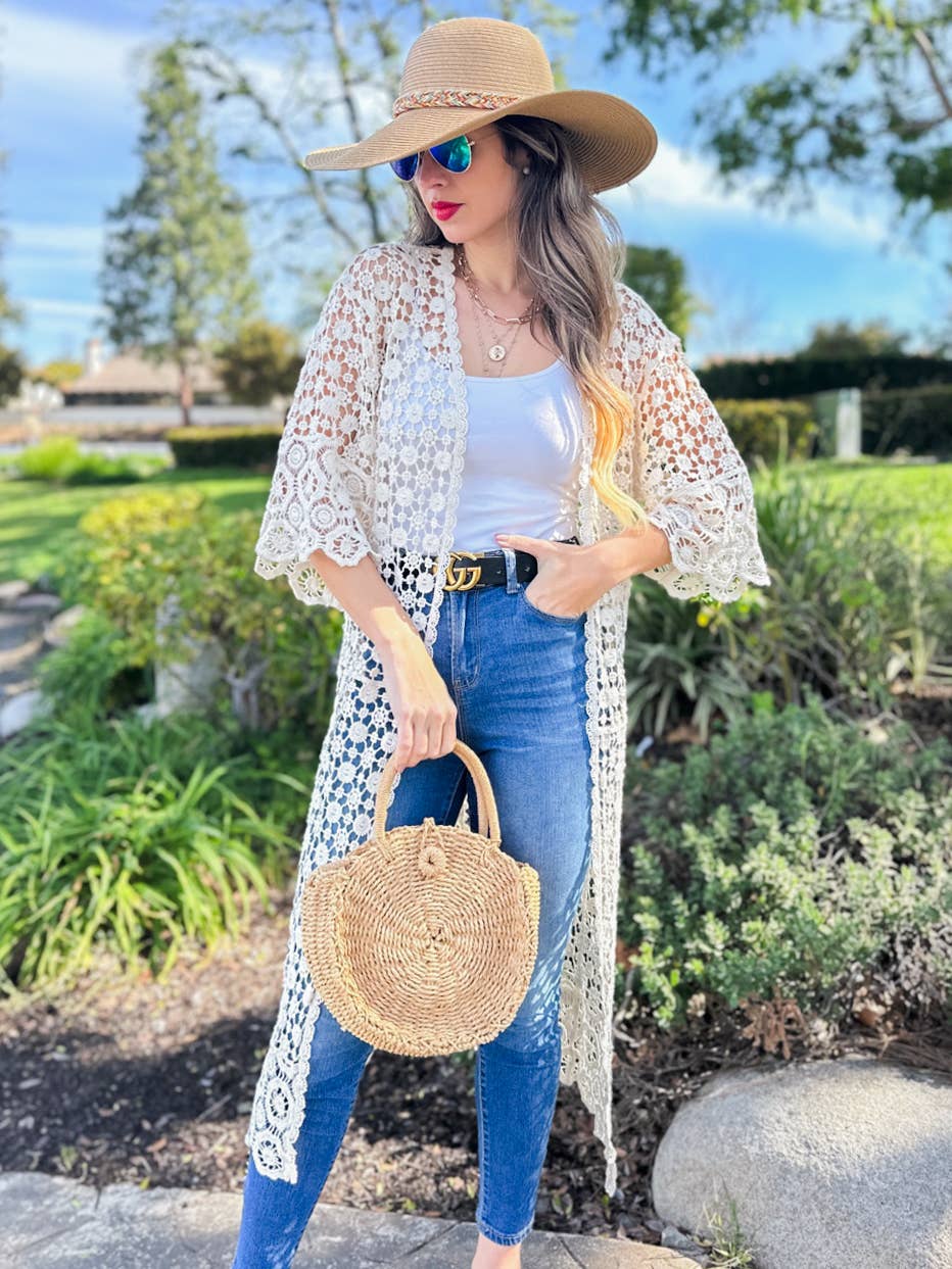 Ivory Floral Printed Crochet Maxi Kimono Cardigan - Mellow Monkey