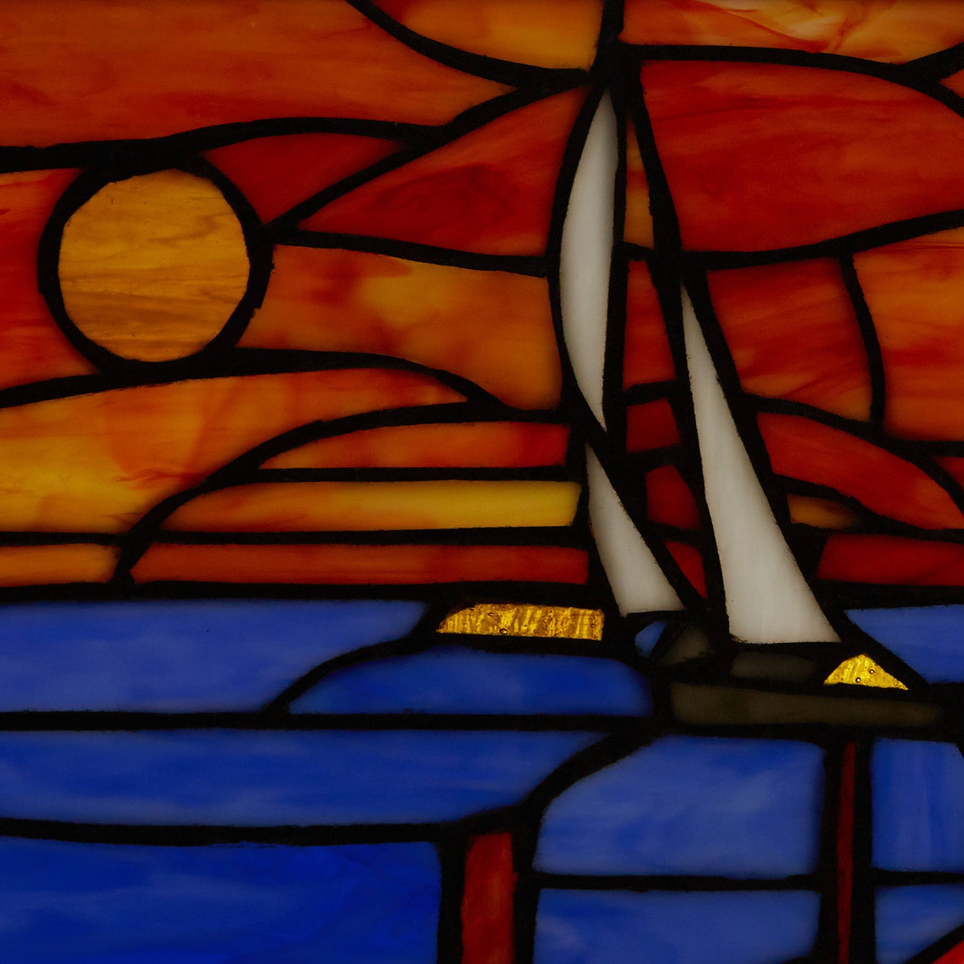 Sailboat Orange & Blue Stained Glass Window Panel - 14-in - Mellow Monkey