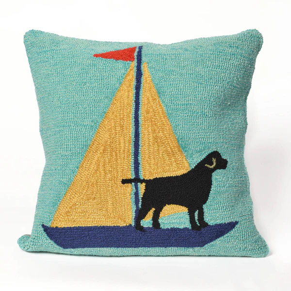 Frontporch Sailing Dog - Indoor/Outdoor Hand Hooked Pillow - Yellow / Polyester 18-in - Mellow Monkey