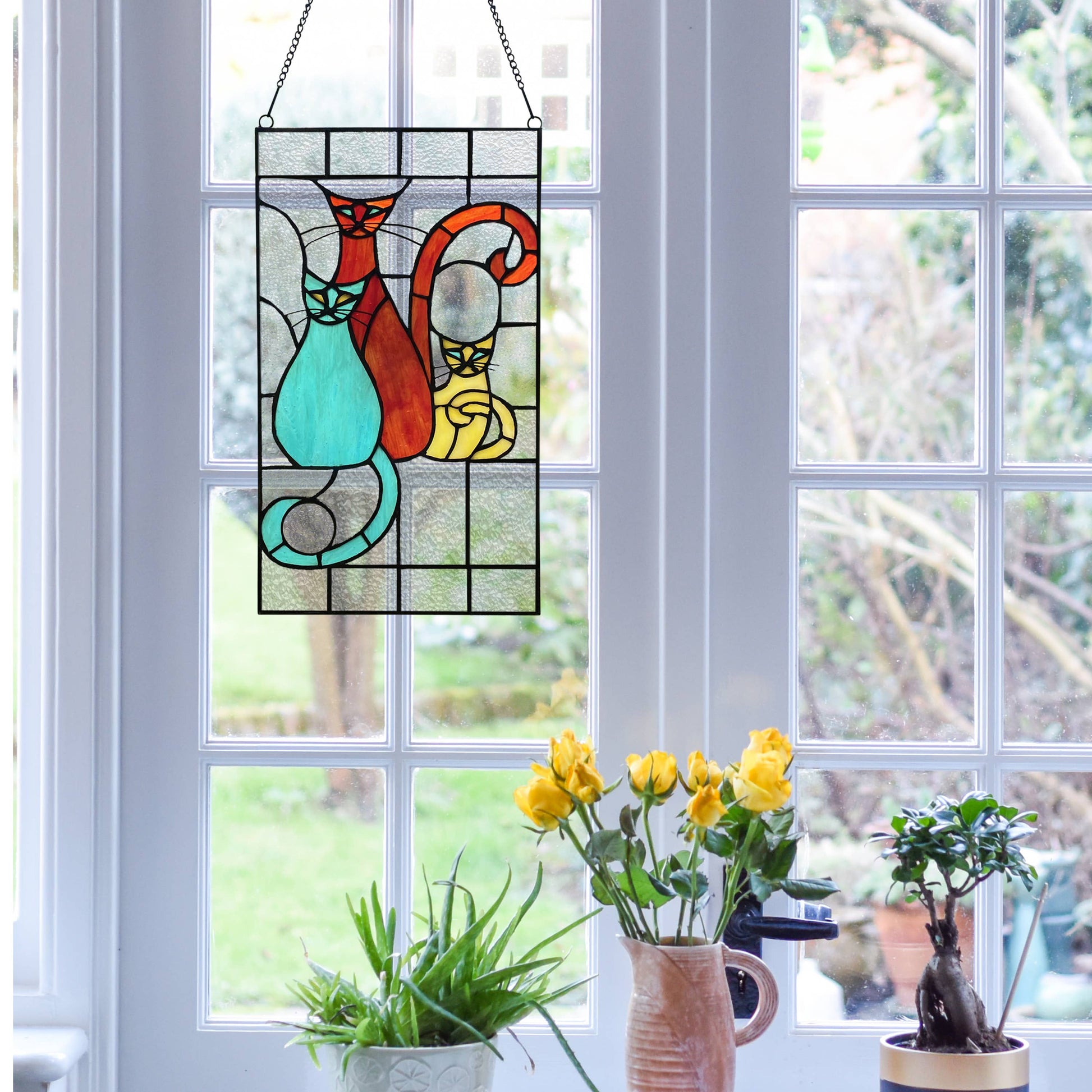 Coy Cats Trio Stained Glass Window Panel - 14-in - Mellow Monkey