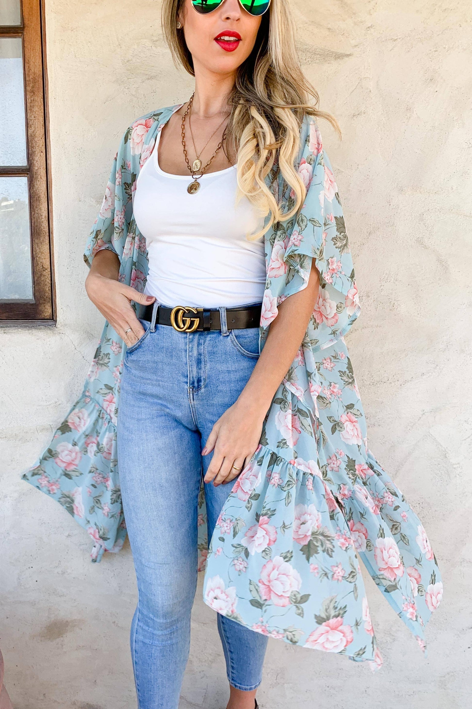 Mint Floral Printed Ruffle Bottom Chiffon Kimono Cover Up - Mellow Monkey