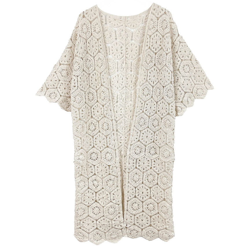 Geometric Pattern Crochet Cardigan Poncho Cover-Up - Ivory - Mellow Monkey