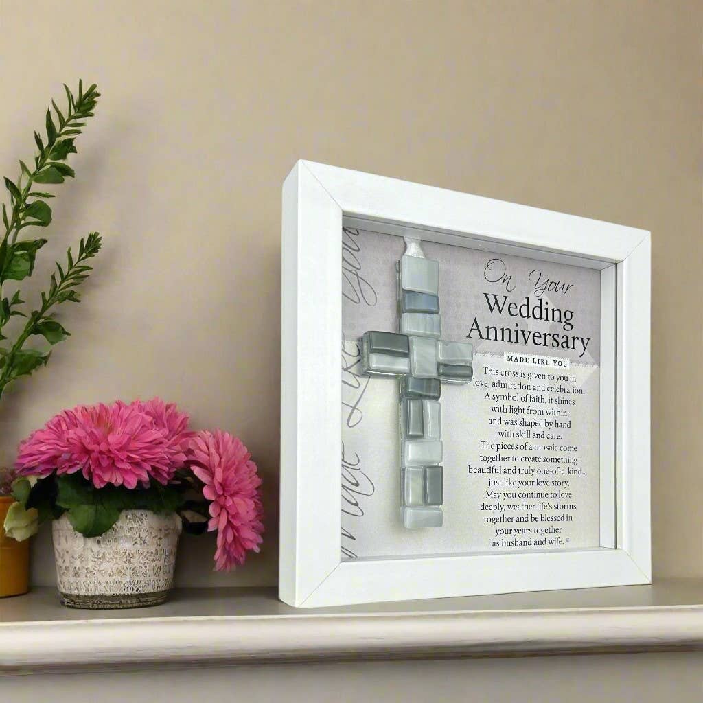 Handmade Framed Glass Mosaic Wedding Anniversary Cross - Mellow Monkey