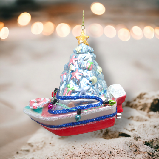 Pink Boat with Christmas Tree - December Diamonds Holiday Ornament - Mellow Monkey