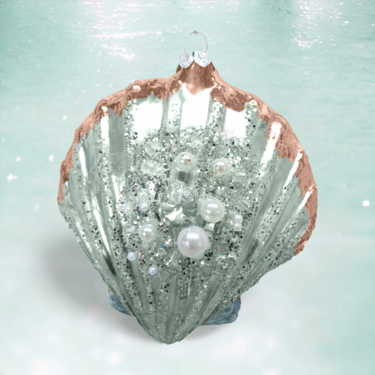 Seafoam and Gold Scallop Shell - December Diamonds Holiday Ornament - Mellow Monkey