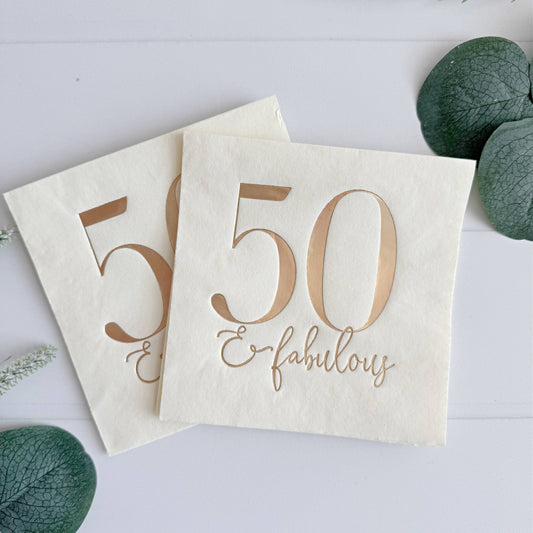 50 and Fabulous Cocktail Napkins - Gold on Cream - Pack of 16 - Mellow Monkey