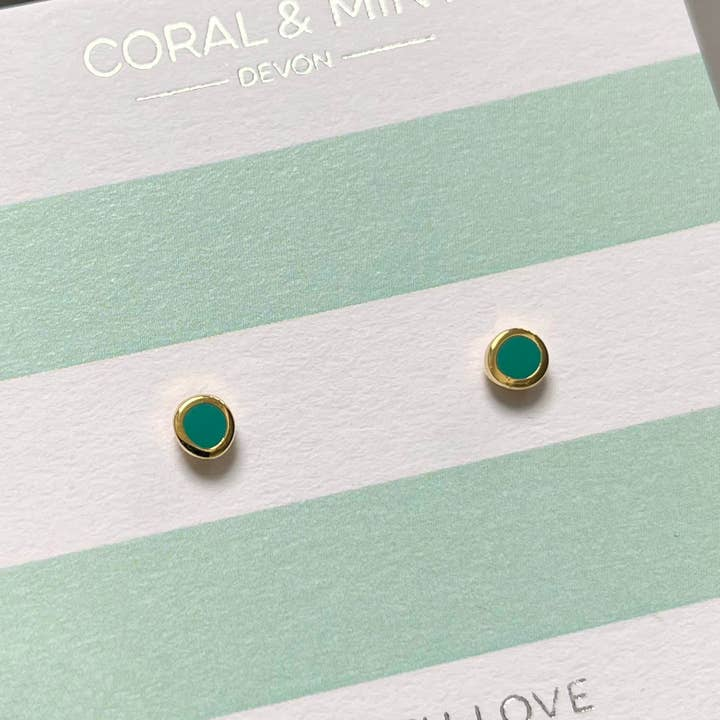 Coral and Mint- Mini Sea Green Enamel Studs with Gold Plating - Mellow Monkey