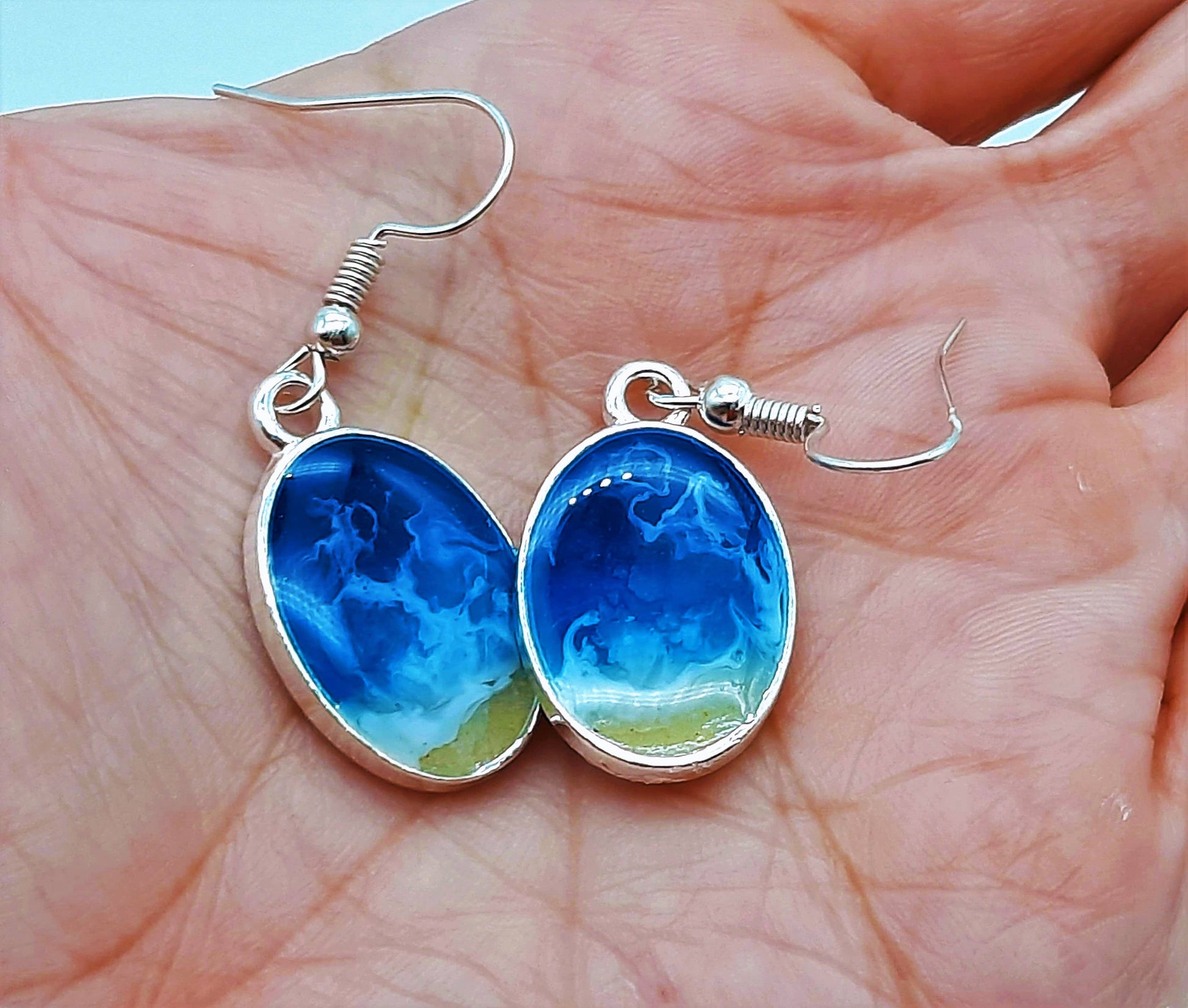 Handmade/Handcrafted Resin Ocean Beach Wave Oval Earrings - Mellow Monkey