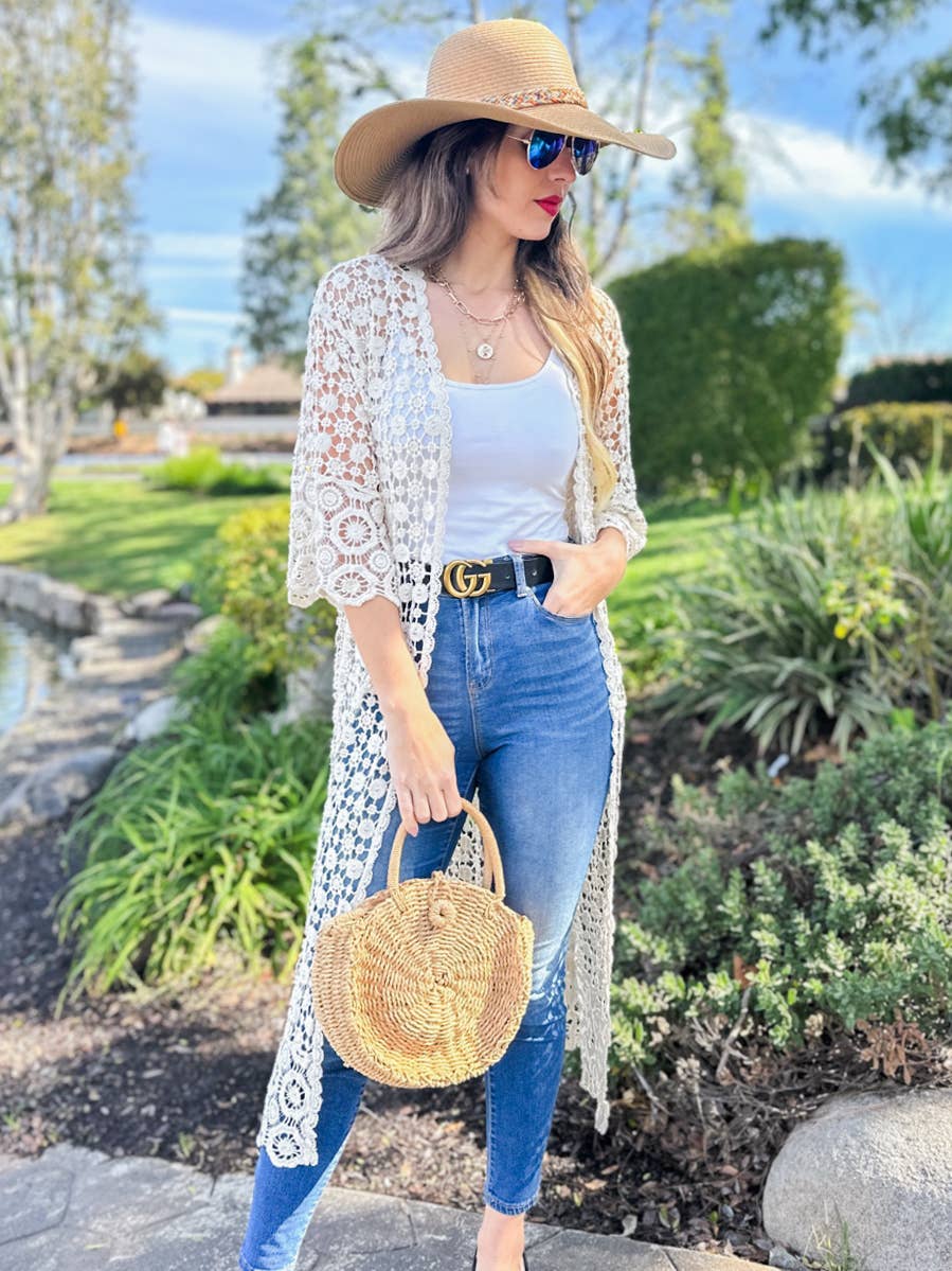 Ivory Floral Printed Crochet Maxi Kimono Cardigan - Mellow Monkey