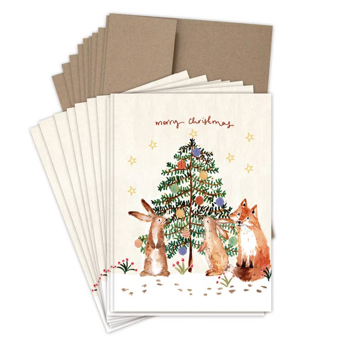 Bunnies & Fox Christmas Tree Boxed Holiday Cards - Set of 10 - Mellow Monkey