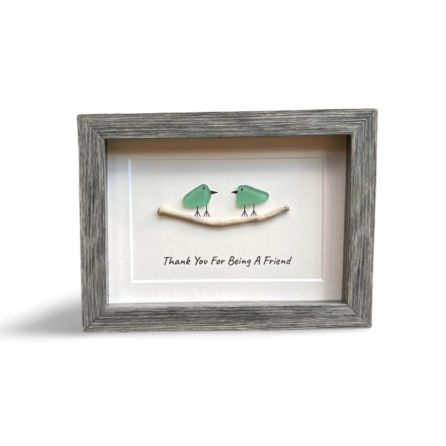 Thank You For Being A Friend - Two Sea Glass Birds On Driftwood Twig - Framed Shadowbox 8-in - Mellow Monkey