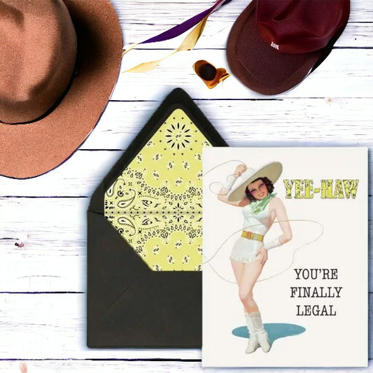 Yee-Haw You're Finally Legal - Western Lasso Pinup Girl 21st Birthday Card - Retro Birthday Greeting Card - Mellow Monkey