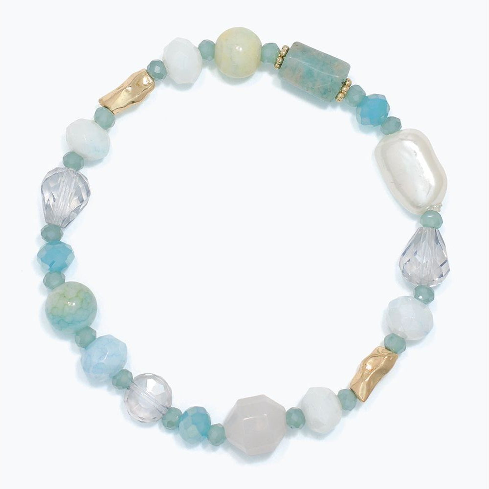 Bracelet - Blue+Gold Beads with Pearl - Mellow Monkey