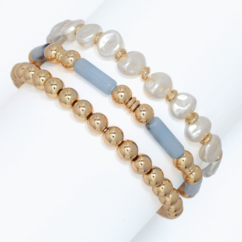 Bracelet - Soft Blue Beads with Pearl - Mellow Monkey