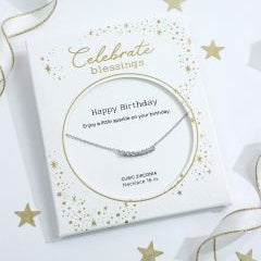 Happy Birthday - Celebrate Blessings - Silver Cubic Zirconia Bar Necklace - Mellow Monkey
