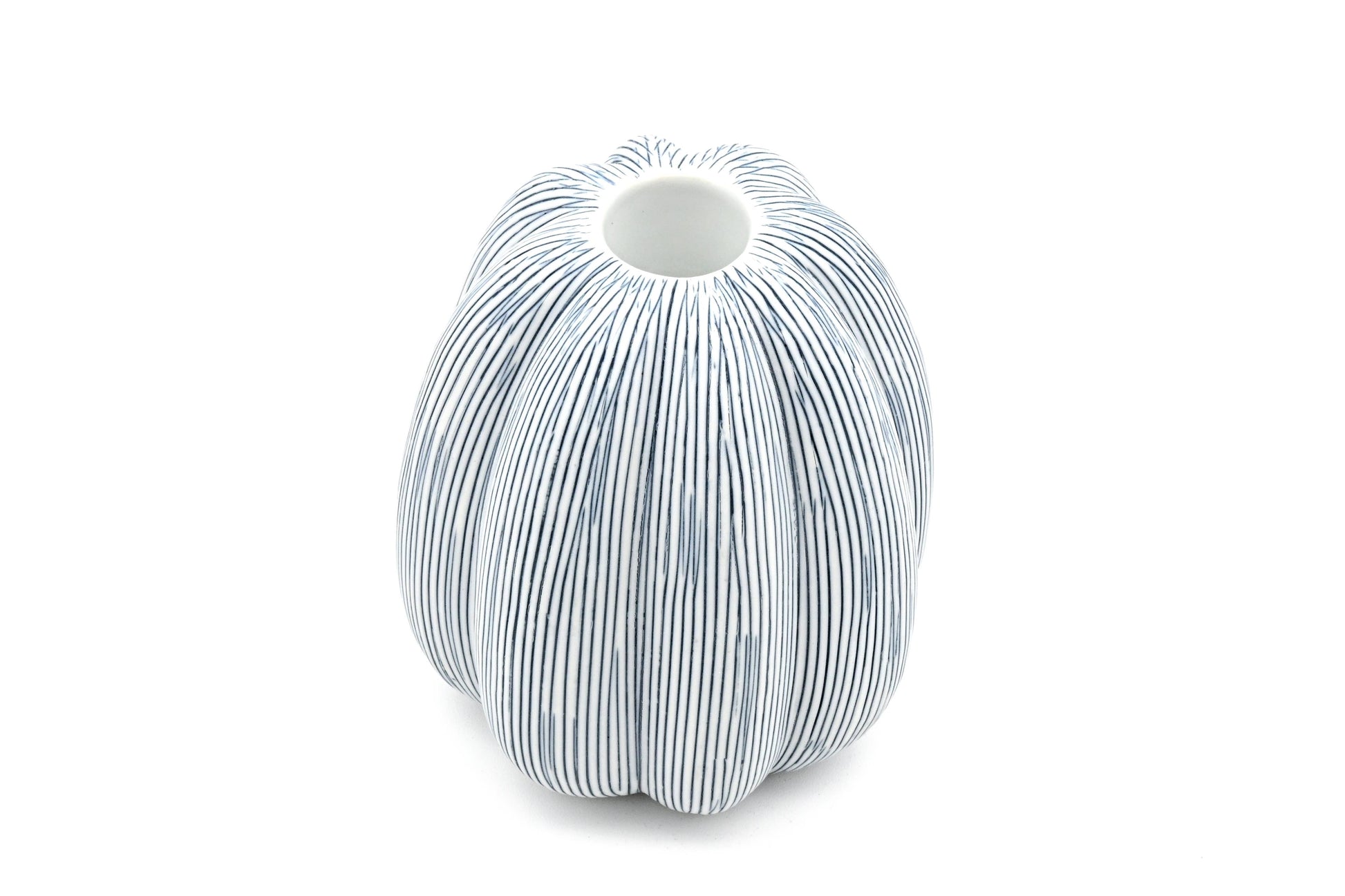 Pumpkin - Porcelain Ceramic Taper Candle Holder - White with Blue Stripes - 3.7 x 3.7 x 4.5 in - Mellow Monkey