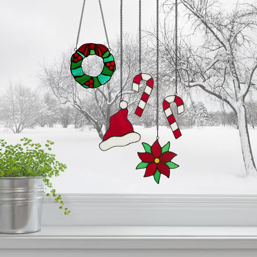 Mini Stained Glass Christmas Ornament Suncatcher - 5-in Poinsetta