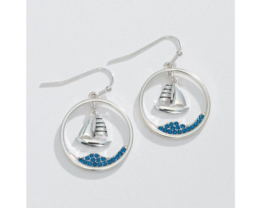 Silver Sailboat with Aqua Crystal - Earrings - Mellow Monkey