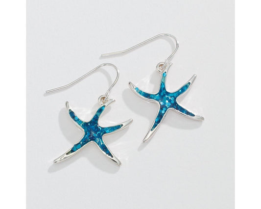 Silver Starfish Blue Glitter - Earrings - Mellow Monkey
