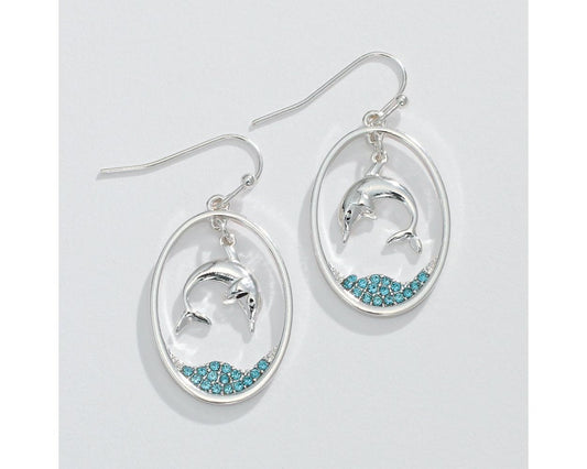 Silver Dolphin with Blue Crystal - Earrings - Mellow Monkey