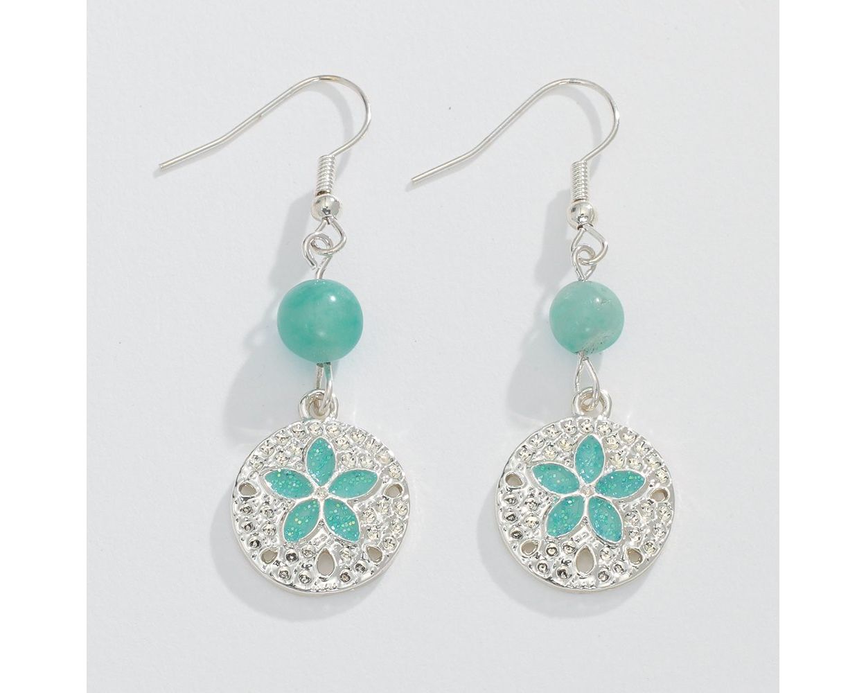 Silver Sand Dollar + Aqua Bead - Earrings - Mellow Monkey