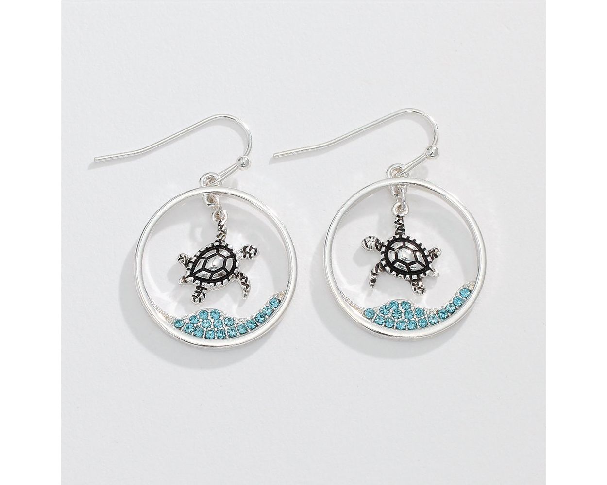 Silver Turtle with Aqua Crystal - Earrings - Mellow Monkey