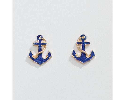 Gold Anchor with Blue Glitter - Earrings - Mellow Monkey