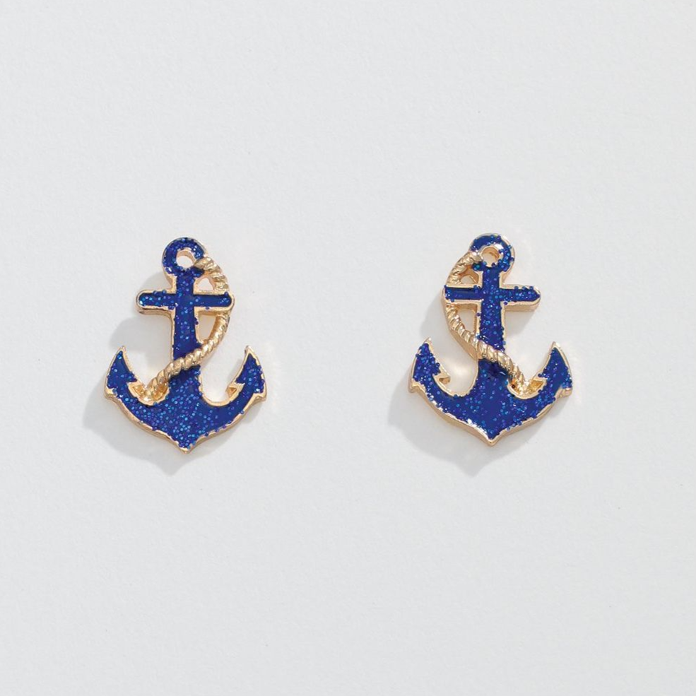 Gold Anchor with Blue Glitter- Earrings - Mellow Monkey