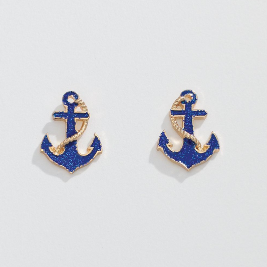 Gold Anchor with Blue Glitter- Earrings - Mellow Monkey