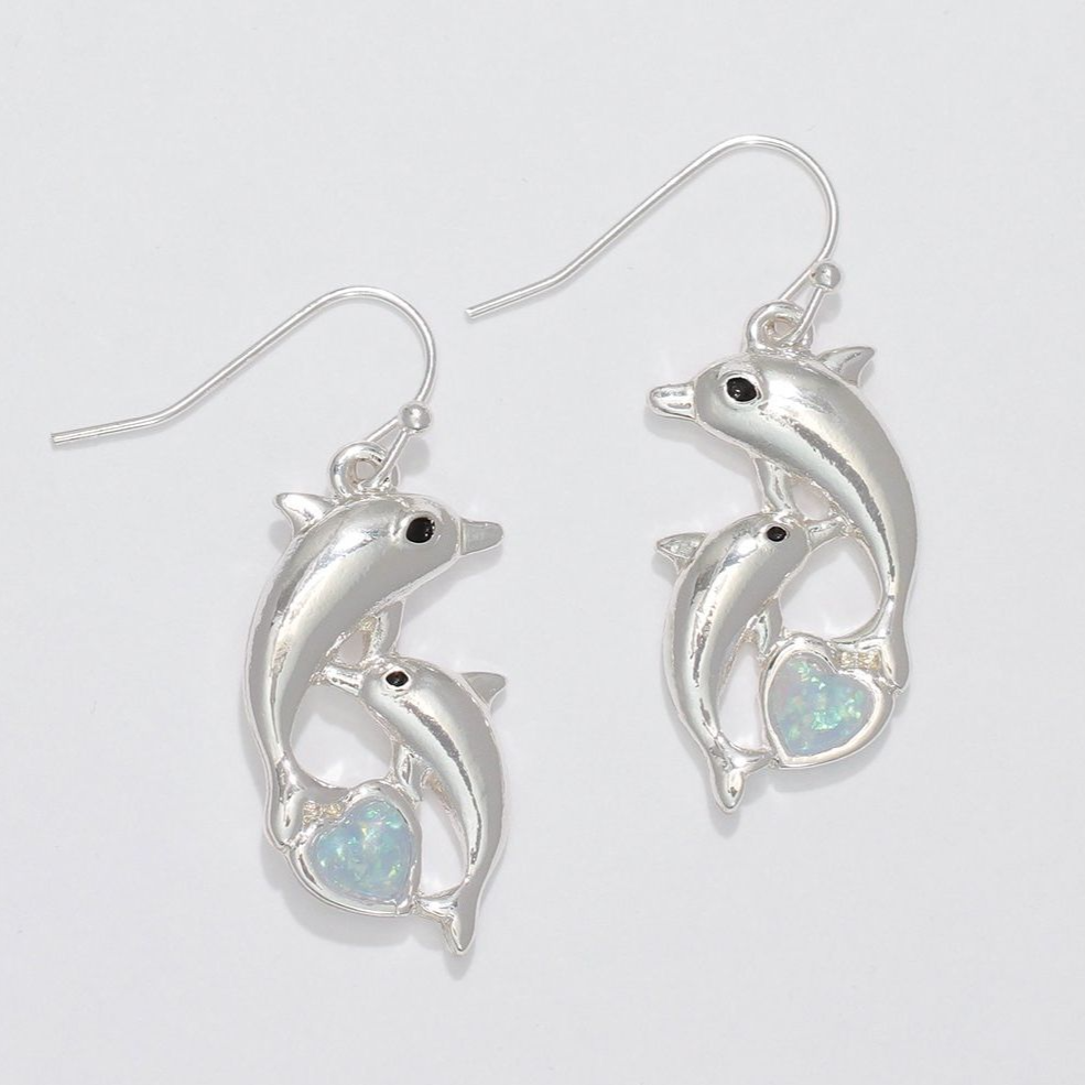 Silver mama & baby dolphins with glittery moonstone hearts - Earrings - Mellow Monkey