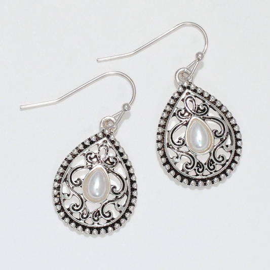 Silver Filigree Earrings with Pearl - Mellow Monkey