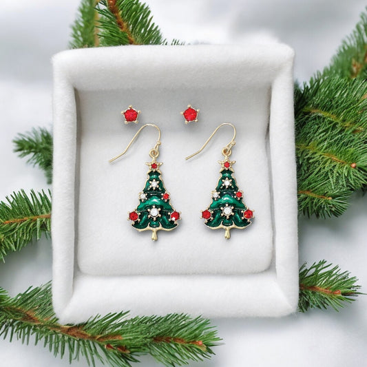 Red Crystal Stud and Crystal Christmas Tree Holiday Earrings