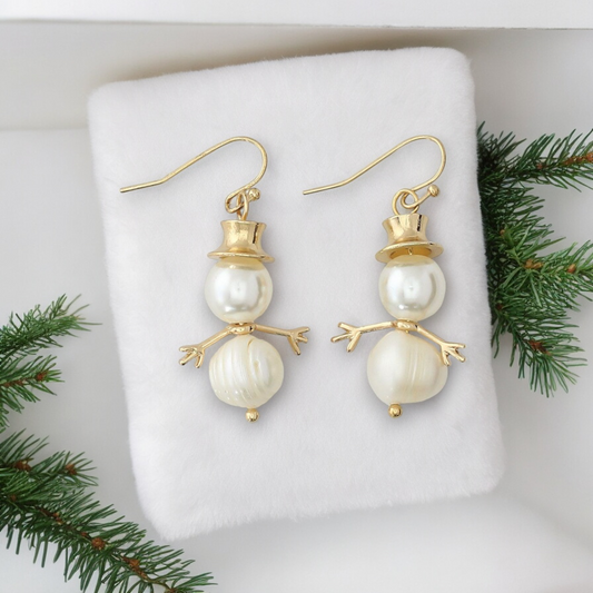 Gold Accent Pearl Snowmen Holiday Earrings