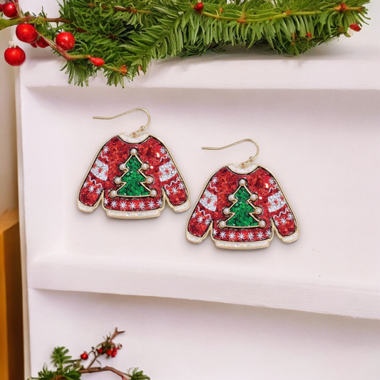 Festive Glitter Sweater with Pearls Holiday Earrings