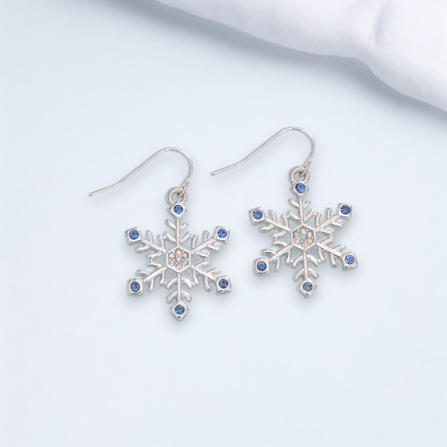 Silver Snowflakes With Ice Blue Crystals Holiday Earrings - Mellow Monkey