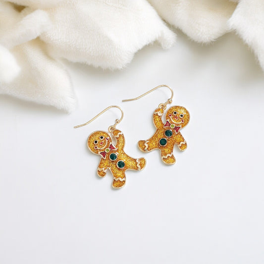 Lovable Glittering Gingerbread Men With Crystals Holiday Earrings