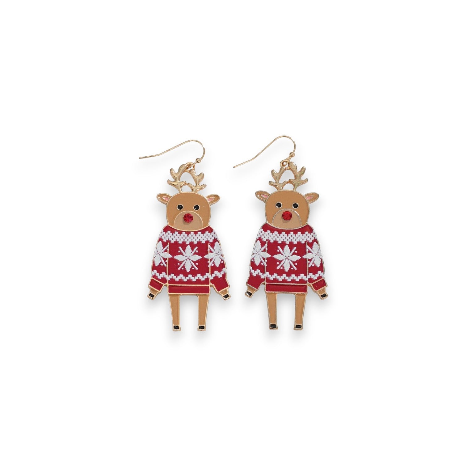 Lovable Rudolph With A Crystal Nose In Sweater Holiday Earrings - Mellow Monkey