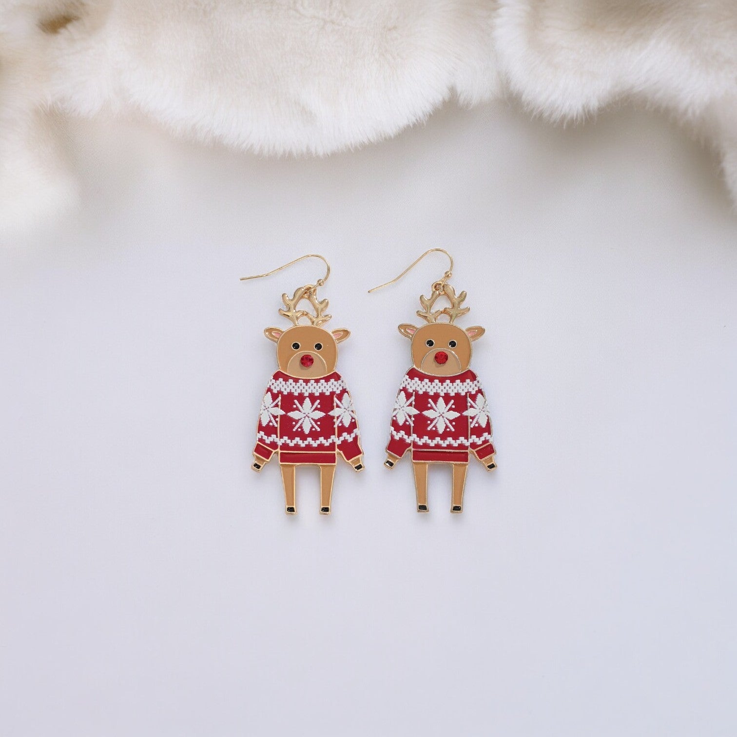 Lovable Rudolph With A Crystal Nose In Sweater Holiday Earrings - Mellow Monkey