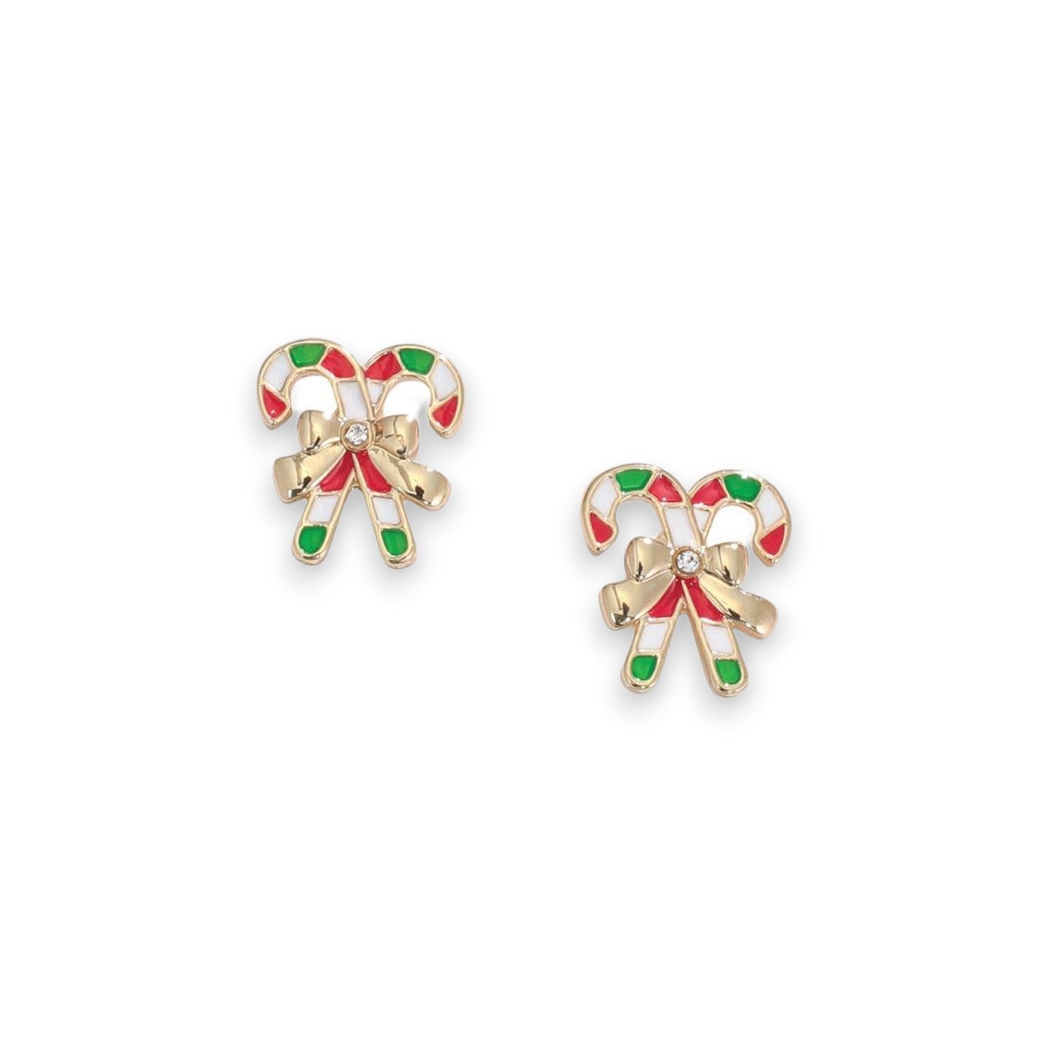 Crossed Candy Canes With Gold Ribbon And Crystals Holiday Earrings - Mellow Monkey